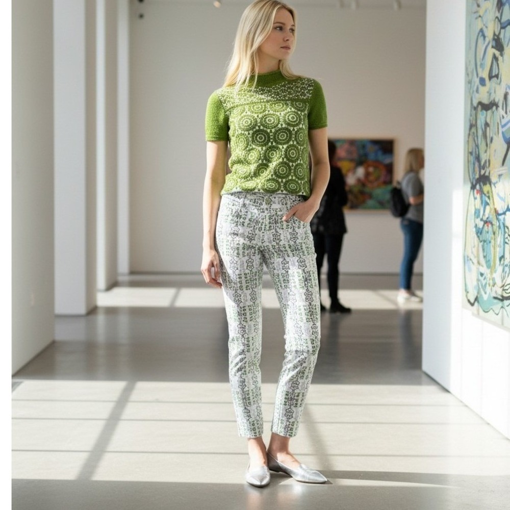 Tory Burch Alexa Cropped Skinny Jeans Geo Print Blue Green White Size 24 Women's